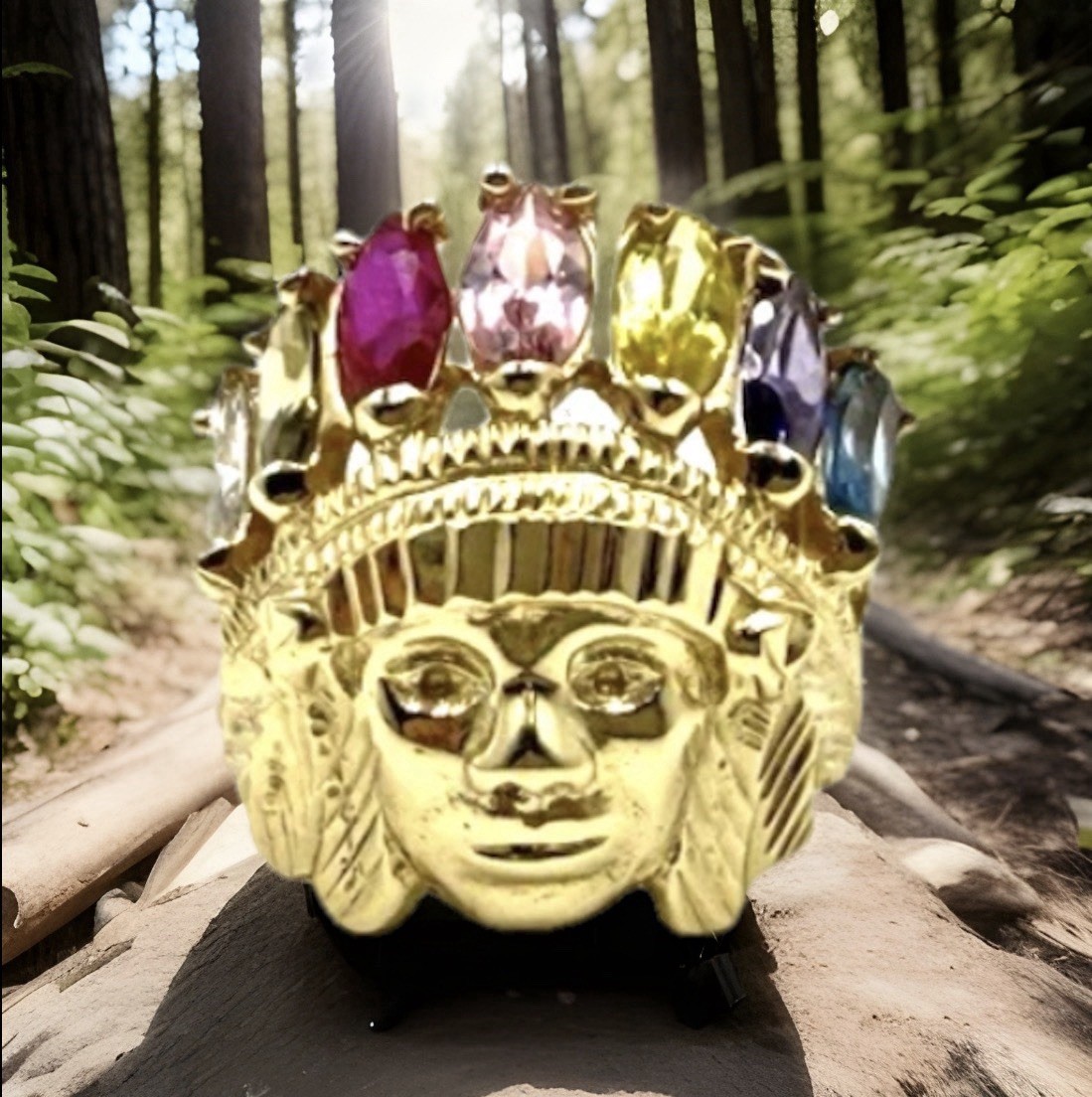Mens 10k Gold Multicolor Cubic Zirconia Native American Chief Head Ring Sz  10