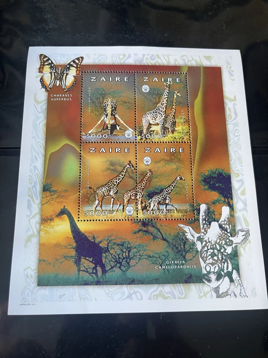 Hoja de estampillas decimales Zaire Giraffes 5000 NZ 1998, 4 estampillas MNH