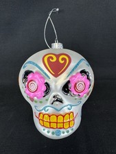 Day Of The Dead White Sugar Skull Hanging Glass Ornament