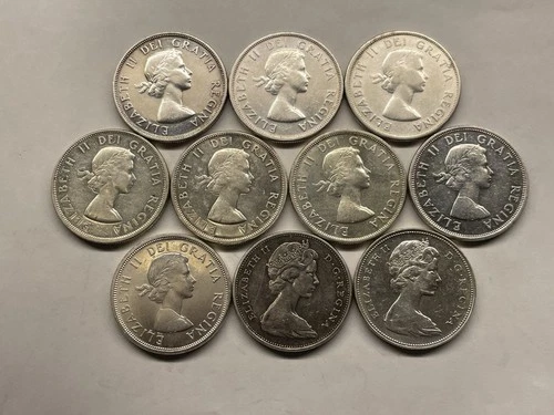 Lot of 10 -  CANADIAN SILVER DOLLARS 1953 - 1966
