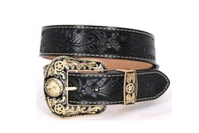 Western Belt Genuine Leather Gold Bull Horse Black Belt Floral Pants Size 32