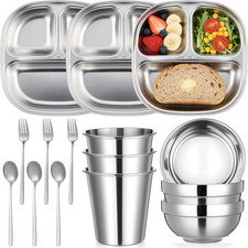 15 Pcs Stainless Steel Kids Dinner Set, Bowls, Balanced Bites Divided Plates, Cu
