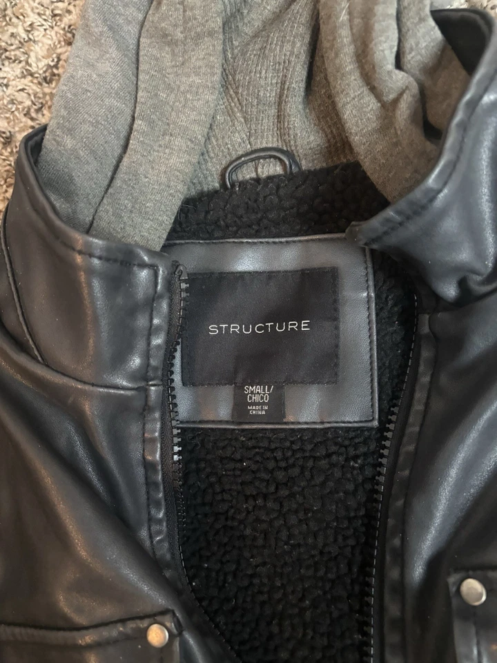 Structure Leather Jacket Men's Small Black Sherpa Lined Full Zip Warm Jacket - Image 4 of 4