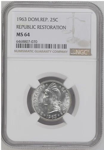 DOMINICAN REPUBLIC 25 Centavos 1963, NGC MS 64 Ch / Gem UNC, Lustrous. 070. A2