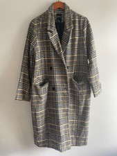 Grey Plaid Yellow Checked Long Peacoat Jacket Work Size M