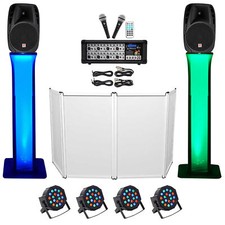 DJ Package w/15" Speakers Bluetooth Mixer Mics Tripod Totem Stands Facade Lights