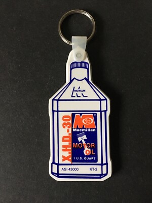 Vintage Keychain MACMILLAN Motor Oil Quart Shaped Key Fob Ring Made in USA