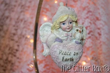 Christmas Ornaments Shabby Cottage Chic Angel Holding Owl Peace On Earth