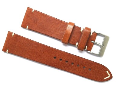 22mm 24mm Brown/White Leather Classic Style Watch Band Handmade Silver Buckle