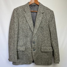 Vintage Harris Tweed Herringbone Pure Scottish Wool Blazer Size 42R Gray Jacket