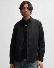 Image of HUGO Ermo Mens Slim-Fit Shirt in Stretch-Cotton Canvas - Black 001
