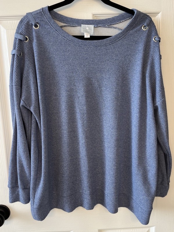 Sunday Womens Blue w/silver Threads Knit Shirt, Lace-up Detail Sleeves 1X
