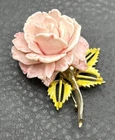 Vintage PELL Pink Rose Brooch Pin 3D Gold Tone Enamel Floral Costume Jewelry