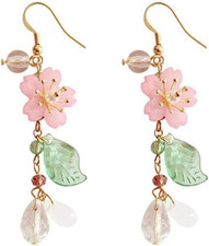 Classic Pink Flower Dangle Drop Earrings Elegant Floral Green Leaf Earrings for