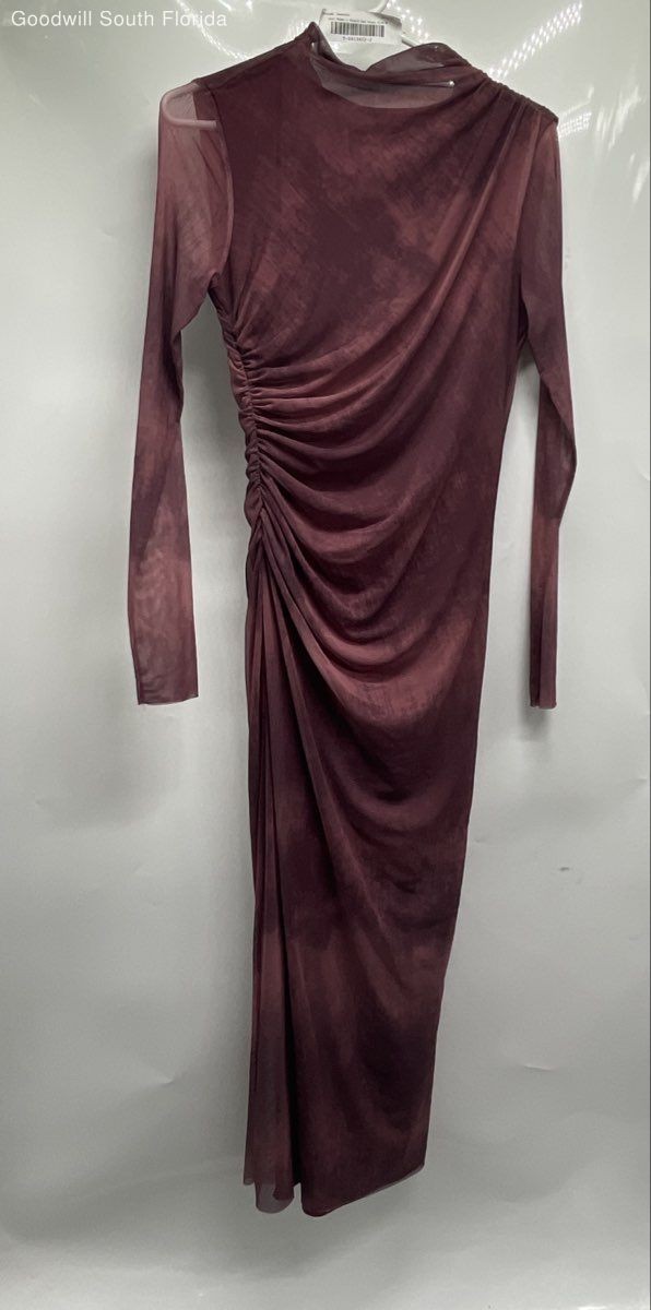 Zara Womens Purple Red Long Sleeve Ruched Back Zip Mock Neck Bodycon Dress Sz M