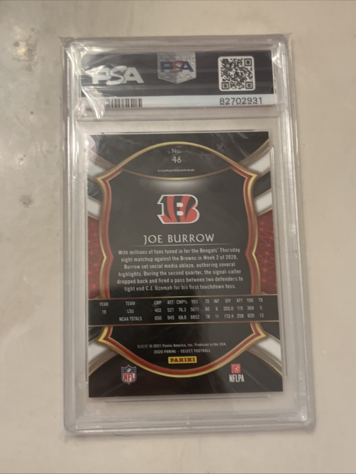 2020 Panini Select - Concourse Joe Burrow #46 (RC) PSA 10 view 2