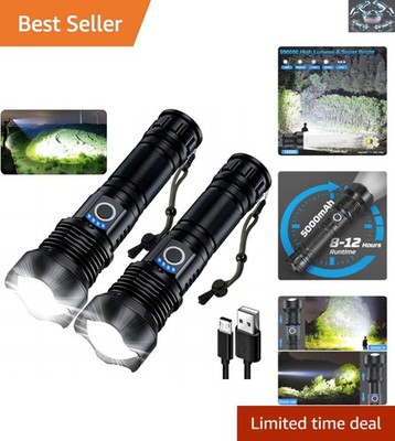 Super Bright LED Flashlights 990,000 Lumens - 5 Modes, Adjustable Focus, 2 Pack