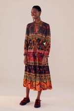 Farm Rio Mixed Patchwork Midi Dress Boho Floral Long Sleeve Tie Waist XS