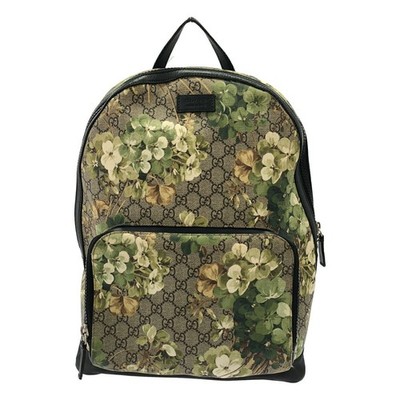 Gucci GG Supreme Monogram Blooms Backpack Green Beige Canvas Leather Floral