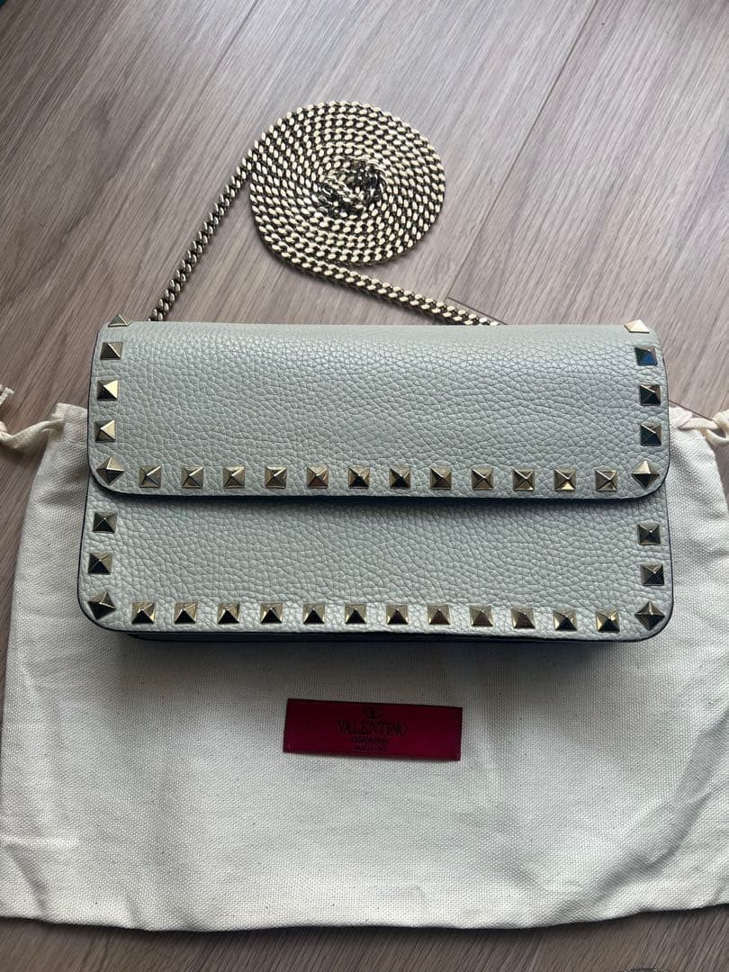 VALENTINO Women Rockstud Chain Wallet Shoulder Bag Beige Gray Leather from japan thumbnail 11