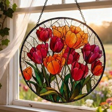 Tulip Flower Stained Glass Suncatcher, Floral Window Decor Gift for Mom