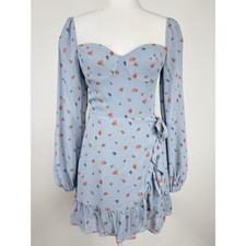 Reformation Cammi Dress in Blue Size 4 Mini Ruffle Wrap Dress Floral Print