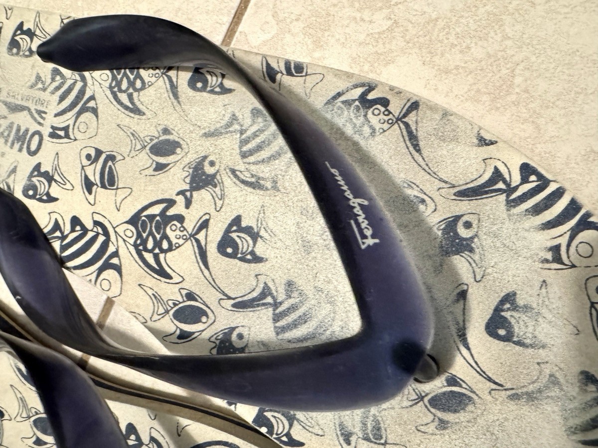 Salvatore Ferragamo Men's Guinea Gancino Flip Flop Size 13 Blue & White View 4