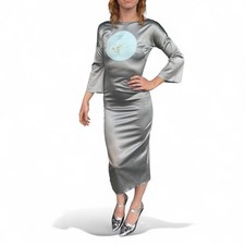 Vintage D&G Silver Satin Bodycon Dress w/ Asian Watercolor Medallion (IT 40)