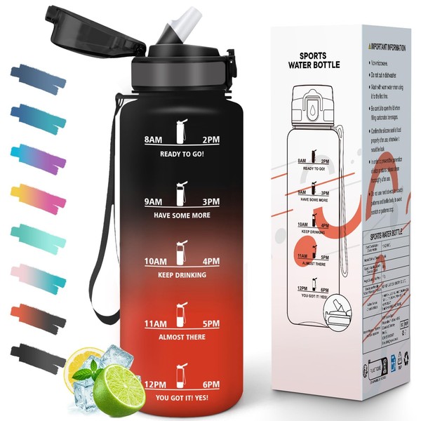 Trinkflasche 1L Auslaufsicher Mit Strohhalm, Motivationsskala, Wasserflasche-image