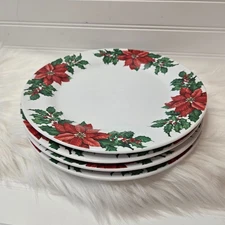 VTG (4) Hallmark Poinsettia Dinner Plates Set of 10-1/2" Holly Berry Christmas