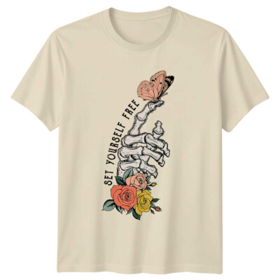 Set Yourself Free Schmetterling Skelett Hand Blumen Vintage Grafik T-Shirt