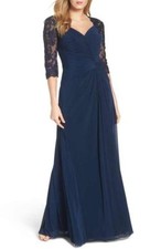 LA FEMME 23244 Navy Lace Crystal Rhinestone Ruched Twist Front Maxi Gown Dress 6