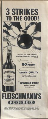 1950 Fleischmanns Preferred Whiskey VTG 50s PRINT AD Bowling - 3 Strikes To Good