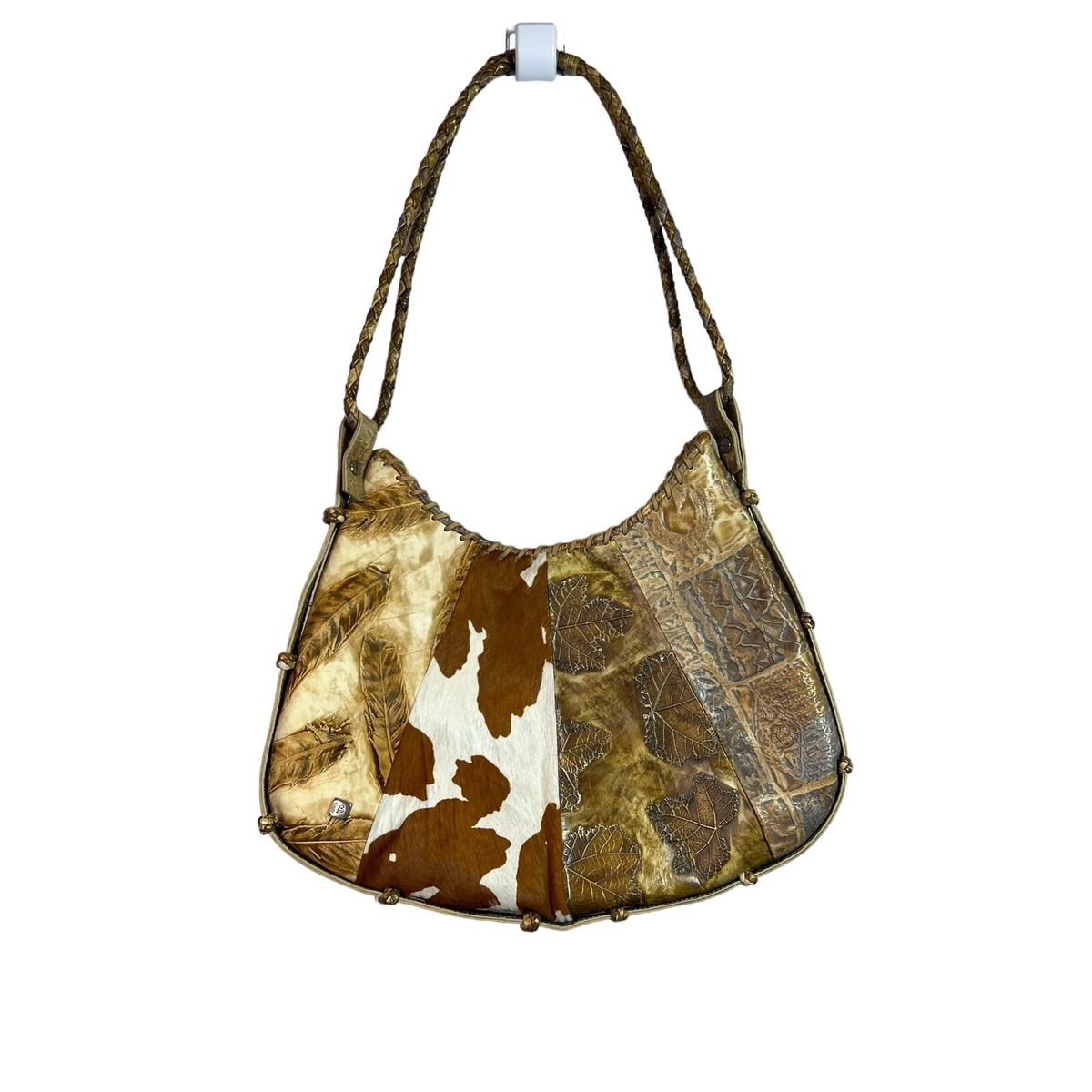 Besso Brown Leather Leaf Embossed Cowhide Patchwork Shoulder Purse