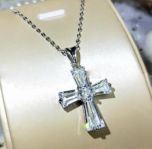 Silver-Plated Cross Pendant Necklace with 2.5 CT Simulated Baguette Stones