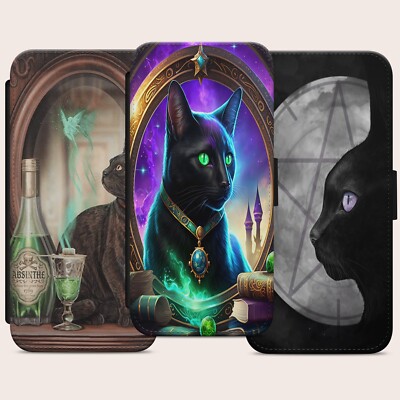 SCHWARZE KATZE GRÜNE AUGEN HEXE FLIP WALLET HANDY COVER CASE IPHONE SAMSUNG HUAWEI