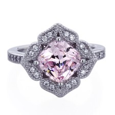 15.5mm Platinum Plated Silver 2ct Cushion Pink CZ Wedding Engagement Ring