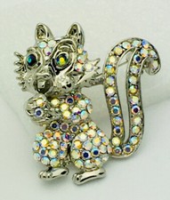 Silver Aurora Crystal Squirrel Pin Brooch