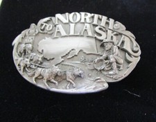 VTG 1984 Siskiyou North to Alaska Belt Buckle Pewter Dog Sled Gold Rush Y-23