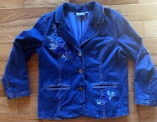 Denim Co Jean Jacket Women Size L Embroidered Floral Rose Stretch Boho Blue