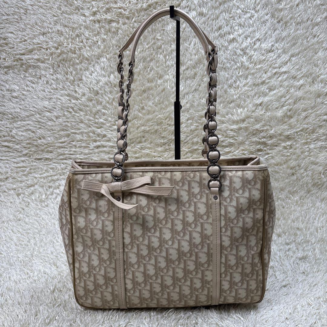Authentic Christian Dior Trotter Canvas Romantic Handbag in PVC Grey Beige