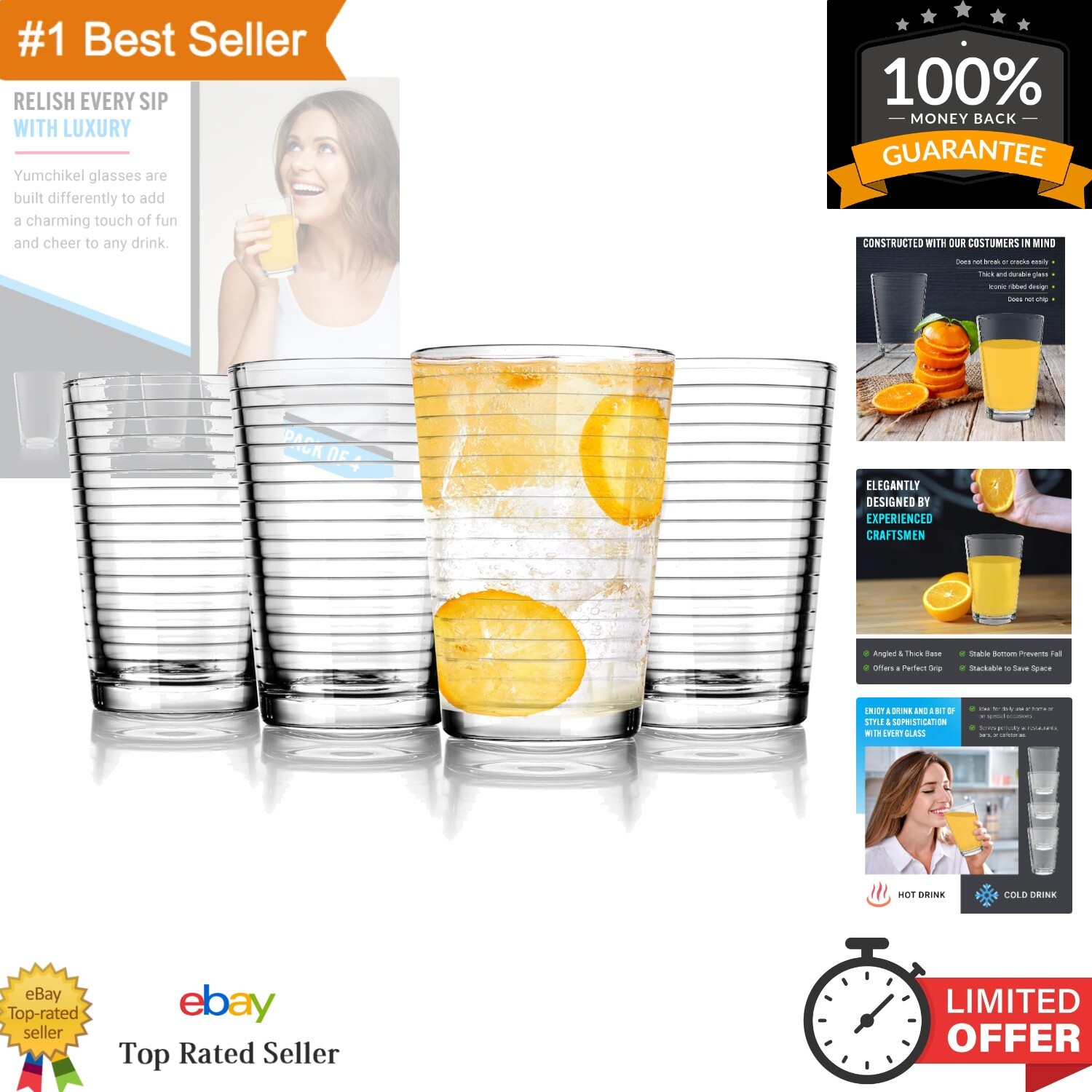 Ribbed Clear Glass Tumblers - 4 Piece 7 oz Set, Dishwasher Safe and BPA Free