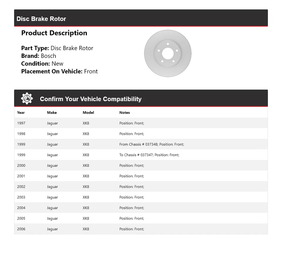Rotor de freno de disco delantero para Jaguar XK8 1997-2006 Bosch QuietCast 1998 1999 2000 Foto 2 de 4