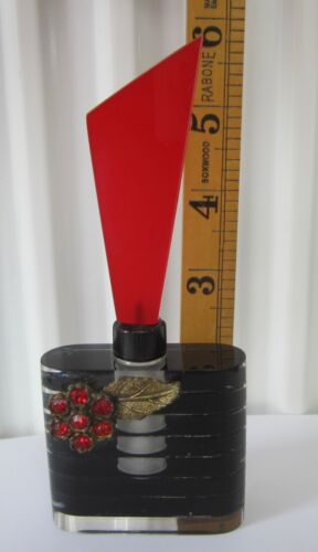 Antique Art Deco Perspex & Glass Perfume Scent Bottle + Stopper Black & Red - Picture 8 of 21
