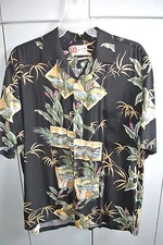 Hilo Hattie  Mens Medium   Island Photos Bamboo & Anthurium on Black/Nice