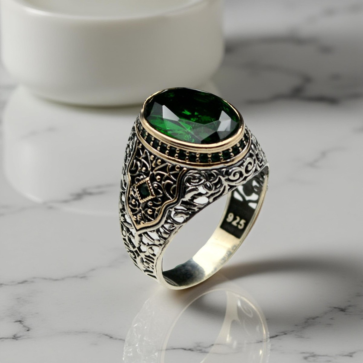 Men's 925 Sterling Silver Green Zircon Ring,Handmade Turkish Statement  Jewelry