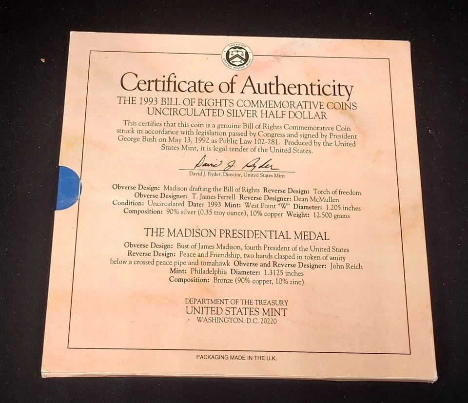 1993 Bill of Rights SILVER 50c  Coin & Madison Medal US Mint Set  90% - Image 3 of 4