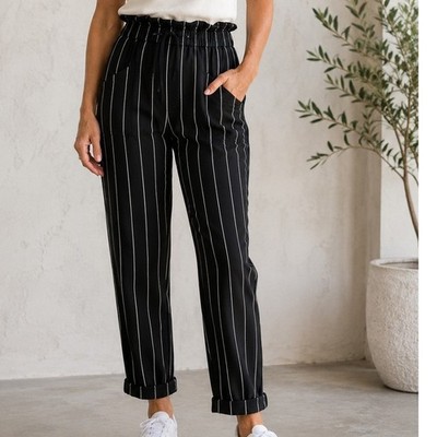Thread & Supply Black Ivory Pinstripe Paperbag Waist Cotton Pants JG217 Small