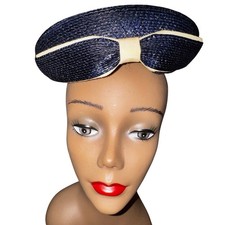 Vintage Bloomingdales Navy Blue Metallic Woven Straw Pillbox Hat with Bow Accent