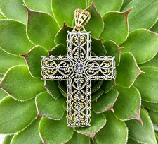 Gold Filigree Cross Pendant Necklace w/ Chain Metal Religious Jewelry